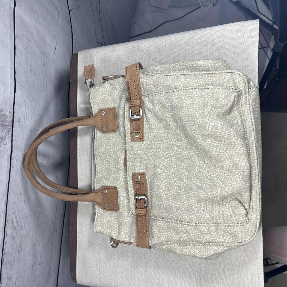 LL Bean Tan White Patterned Bag F19047 Canvas Tote Dual Handles